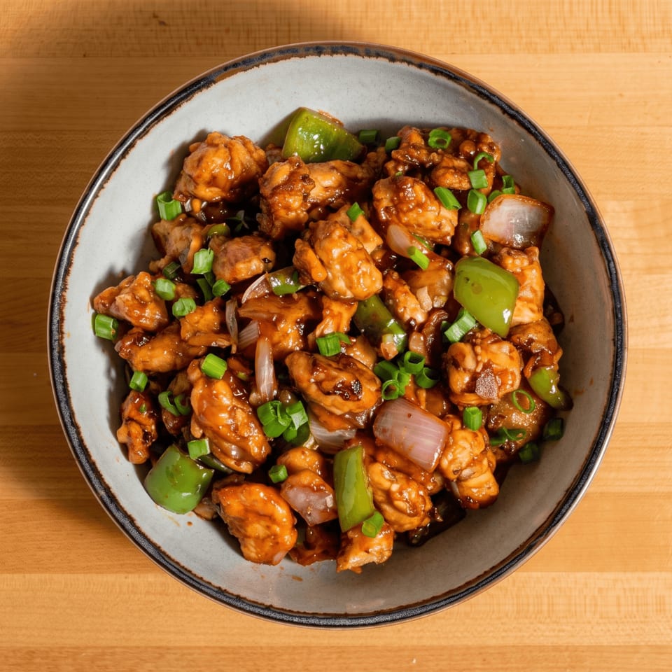 A bowl of General Tso's chicken, with green peppers, onions, and scallions, on a wooden table.