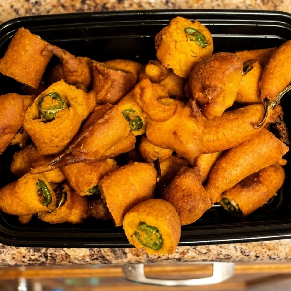 A black container filled with golden-brown, battered chili peppers on a speckled countertop.